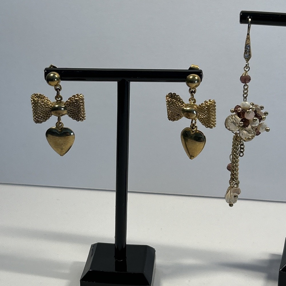 Lot 2 Vintage 80's Gold Tone Mesh Bow Hanging Heart Earrings More